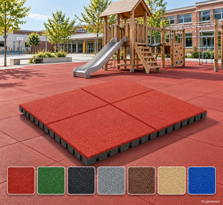 Safety surfacing mats (100 x 100 cm) in red, green, black, beige, brown, and blue